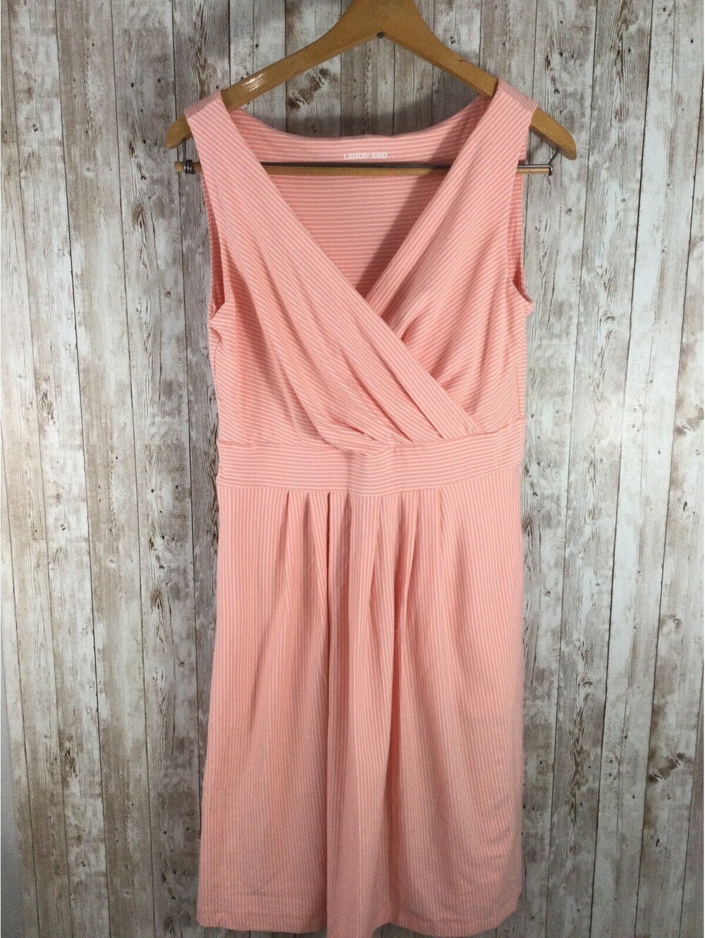 Lands' End Coral Pink Striped Sleeveless Surplice Fit-and-Flare Dress Pockets Sm